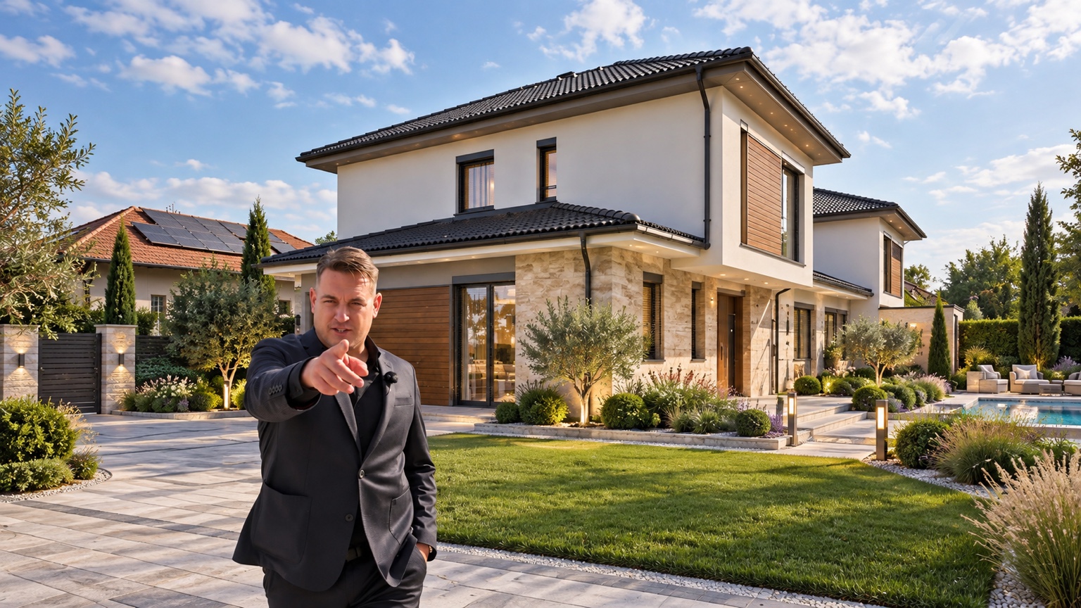 Fürst Flórián egy modern családi ház előtt